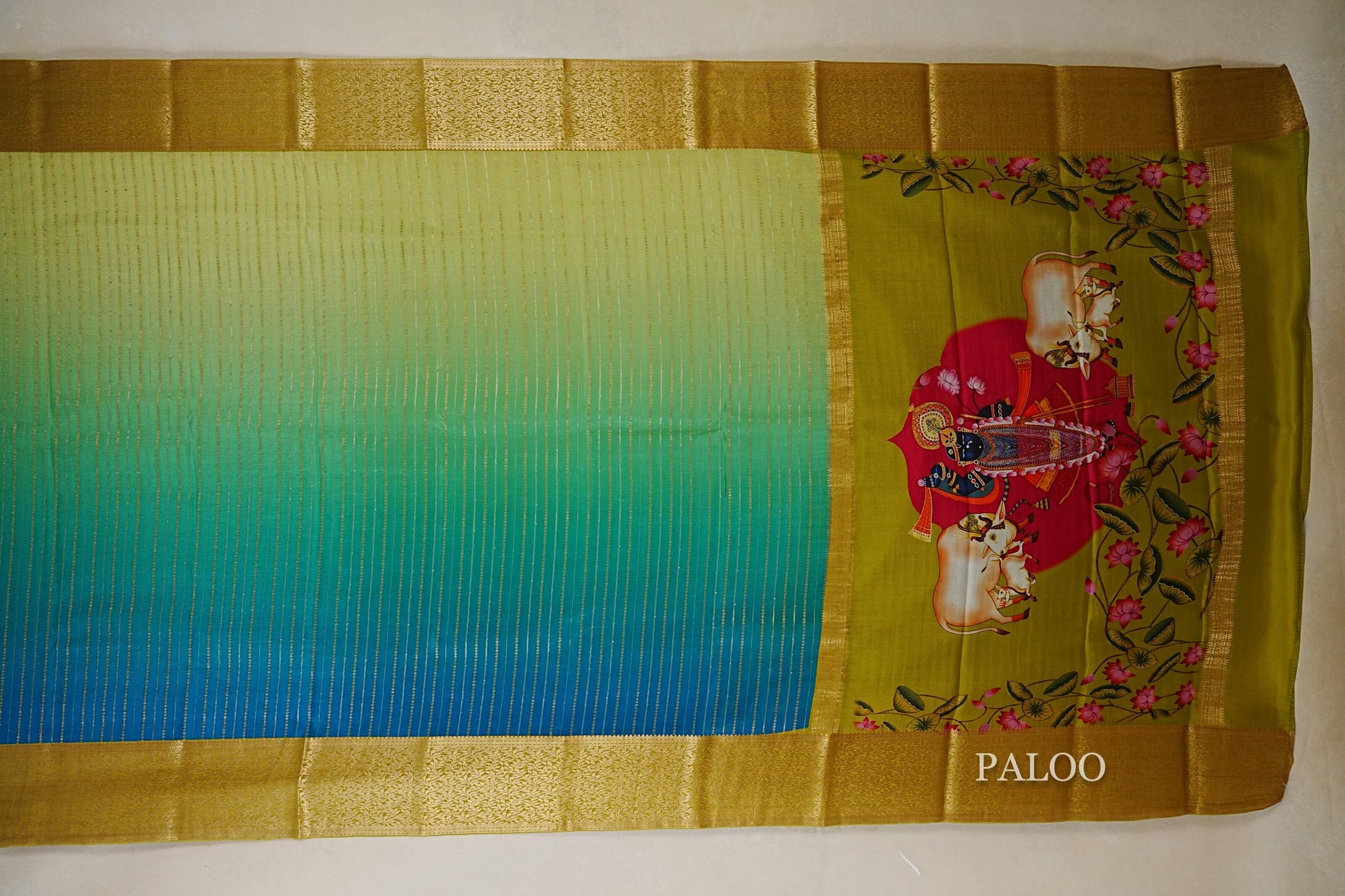 Dual Tone Green and Blue with Yellowish Green Borders Mysore Silk Saree paloo