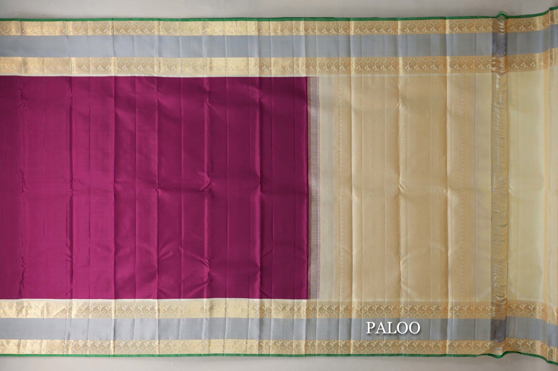 Deep Magenta with Cream Rettai Pettu Borders Vintage Kanjivaram Silk Saree paloo