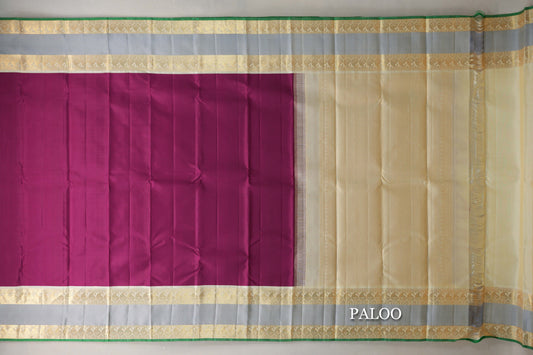 Deep Magenta with Cream Rettai Pettu Borders Vintage Kanjivaram Silk Saree paloo