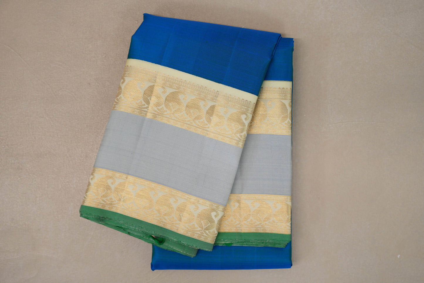 Peacock Blue with Cream Rettai Pettu Borders Vintage Kanjivaram Silk Saree 