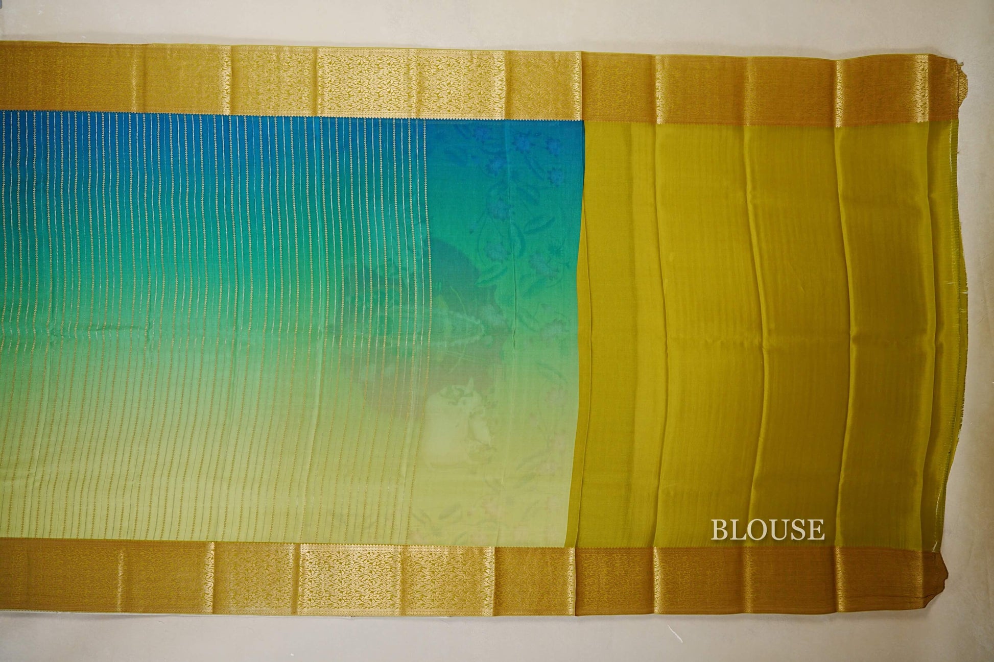 Dual Tone Green and Blue with Yellowish Green Borders Mysore Silk Saree blouse