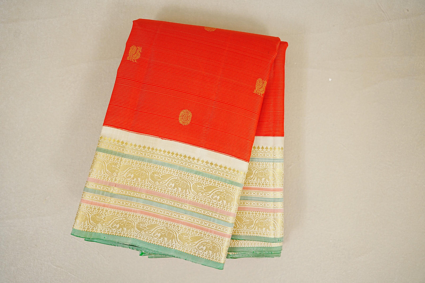 folded Bright Red Vaira Oosi Vintage Kanjivaram Silk Saree   