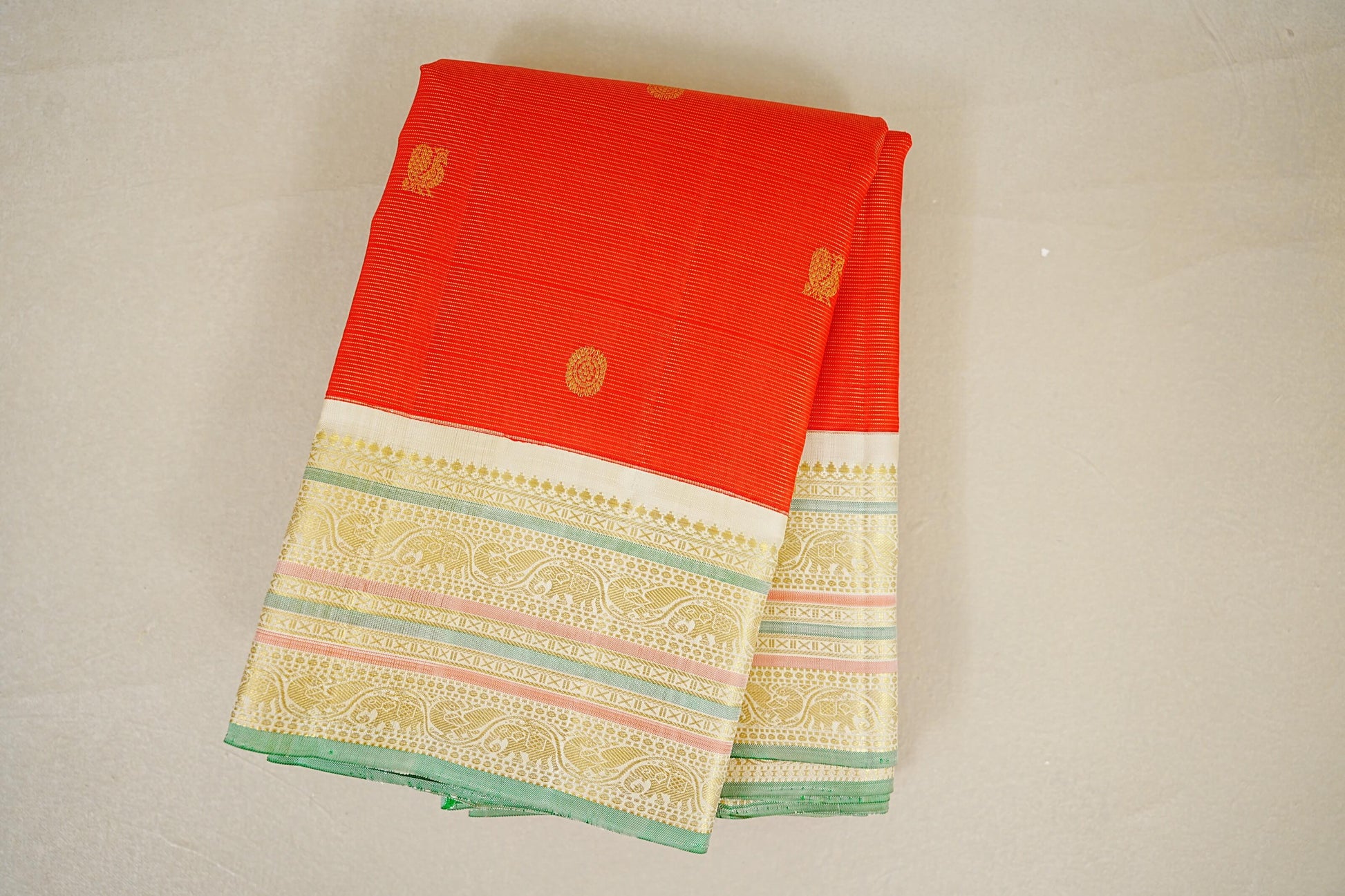 folded Bright Red Vaira Oosi Vintage Kanjivaram Silk Saree   
