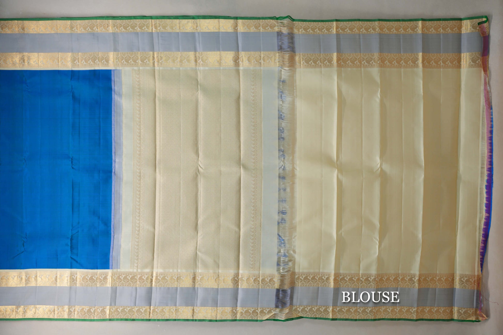 Peacock Blue with Cream Rettai Pettu Borders Vintage Kanjivaram Silk Saree blouse