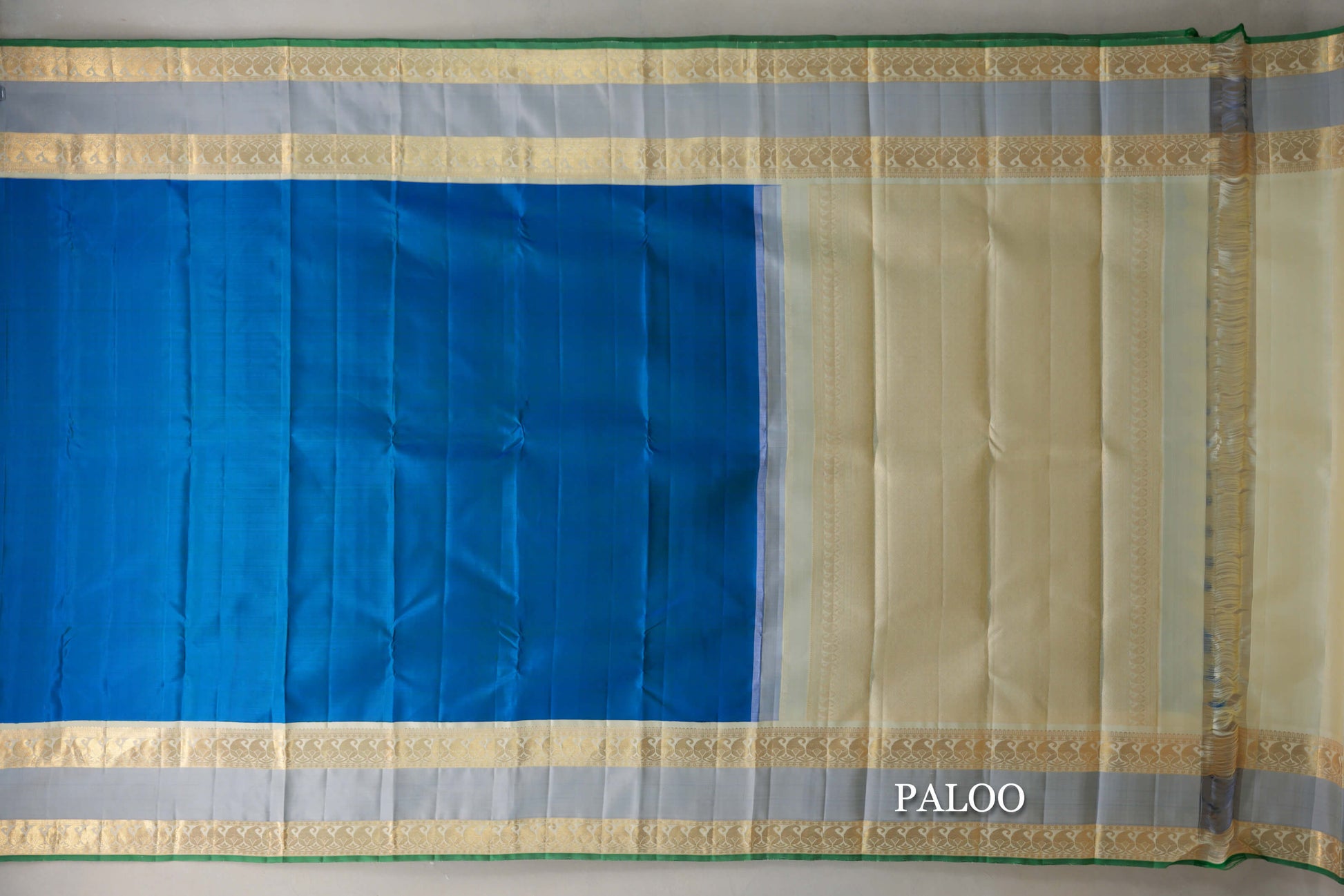 Peacock Blue with Cream Rettai Pettu Borders Vintage Kanjivaram Silk Saree paloo