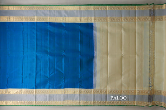 Peacock Blue with Cream Rettai Pettu Borders Vintage Kanjivaram Silk Saree paloo