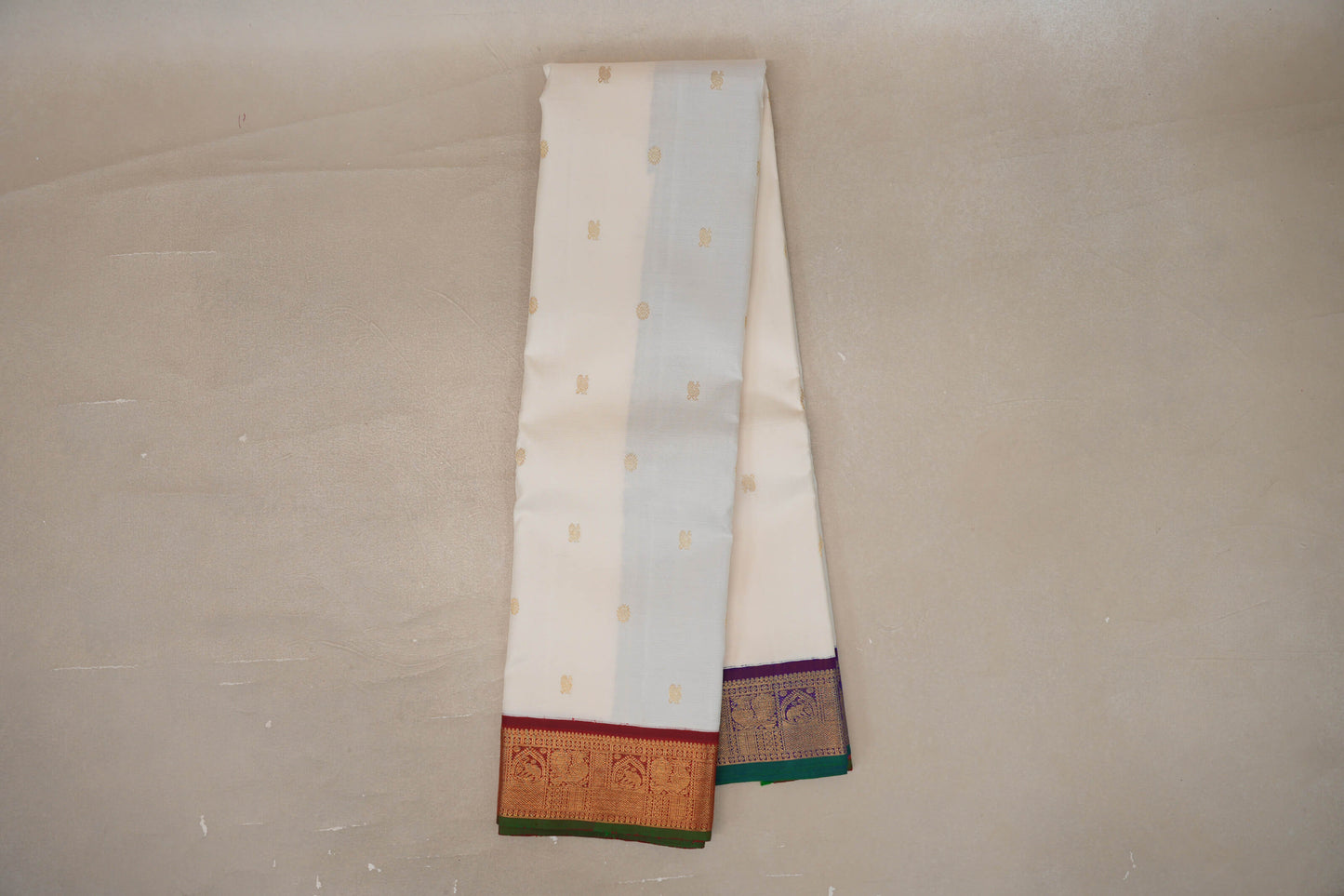 Online Cream with Deep Maroon /Deep Violet Borders Vintage Kanjivaram Silk Saree