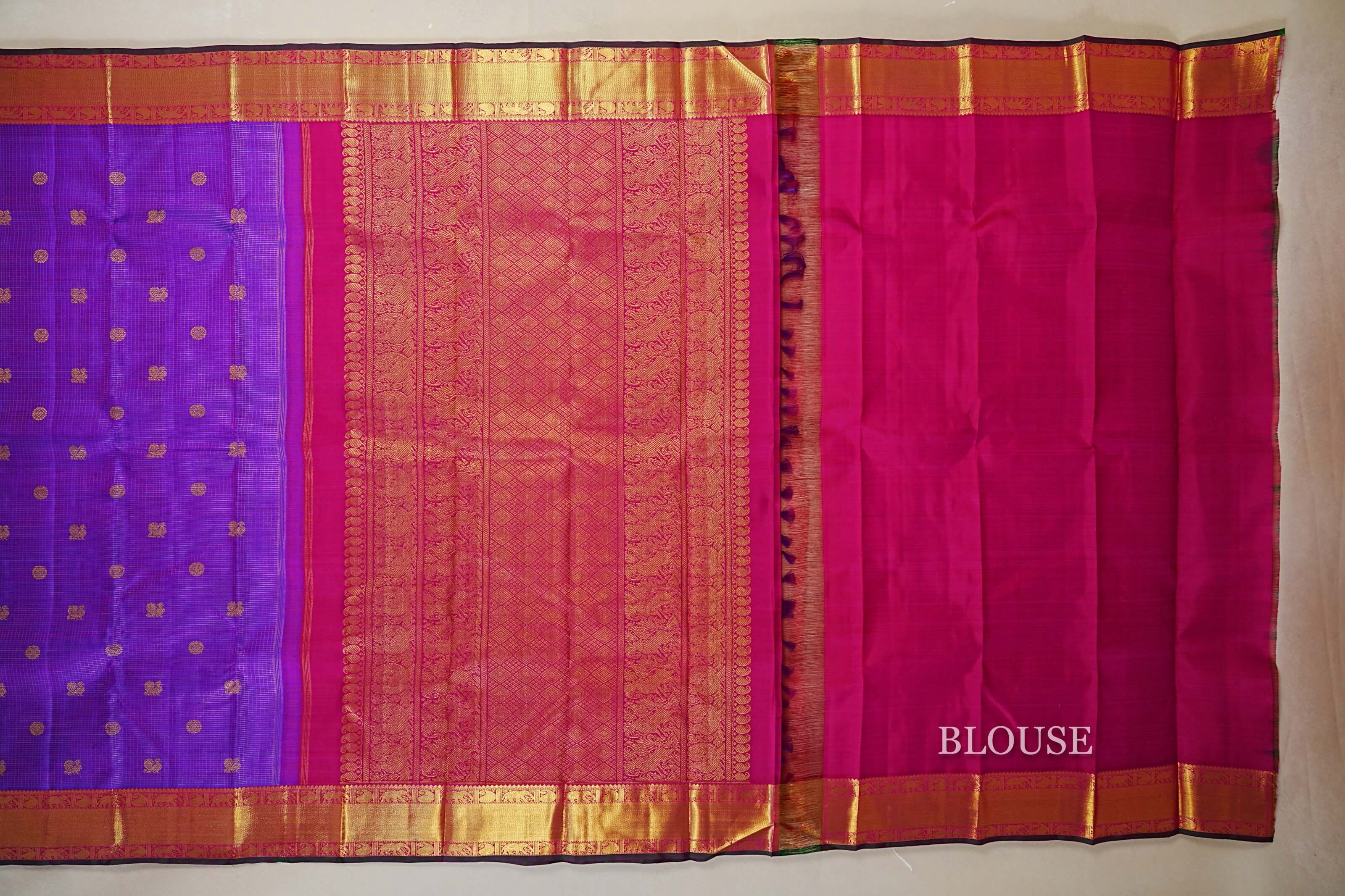 Dual Tone Purple and Blue Heirloom Kanjivaram Silk Saree blouse