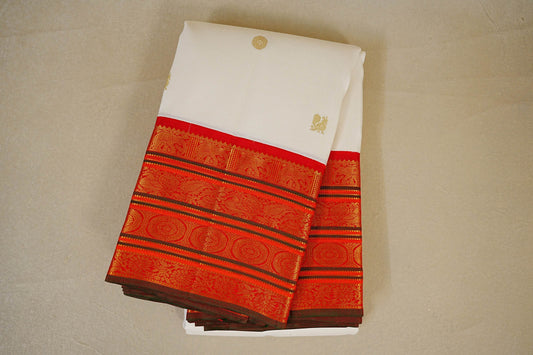 folded Off White with Bright Red Borders Vintage Kanjivaram Silk Saree