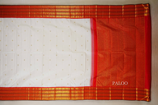 Off White with Bright Red Borders Vintage Kanjivaram Silk Saree paloo