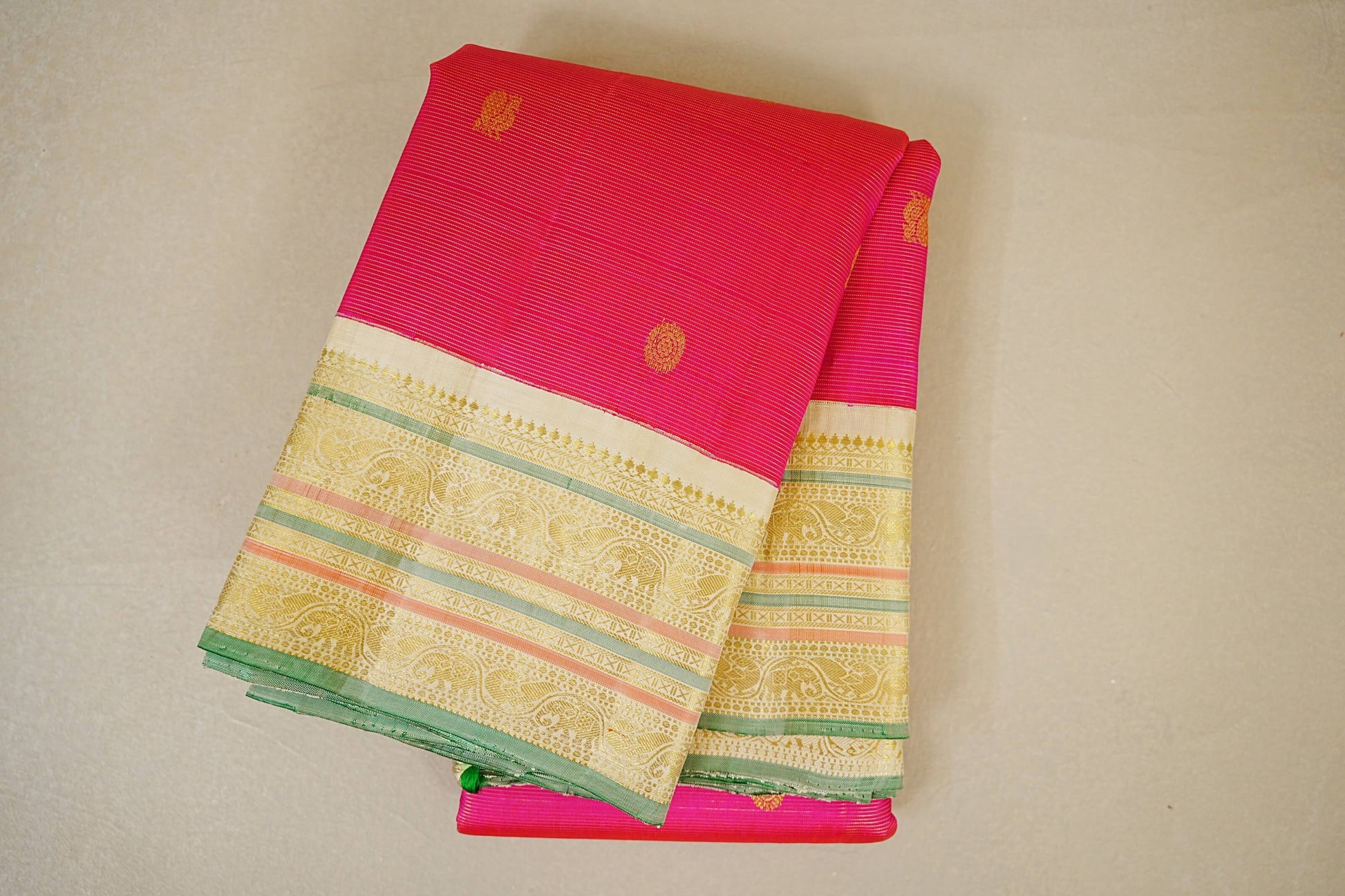 folded Rani Pink with Cream Borders Vaira Oosi Vintage Kanjivaram Silk Saree 