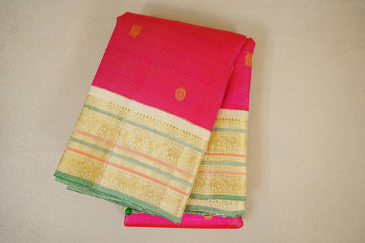 folded Rani Pink with Cream Borders Vaira Oosi Vintage Kanjivaram Silk Saree 