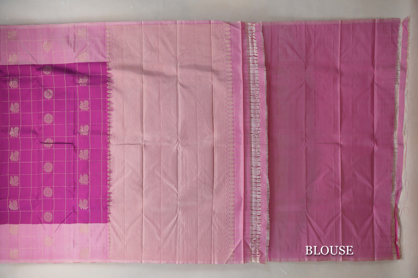 Bright Magenta with Pastel Pink Borders Light Weight Kanjivaram Silk Saree blouse