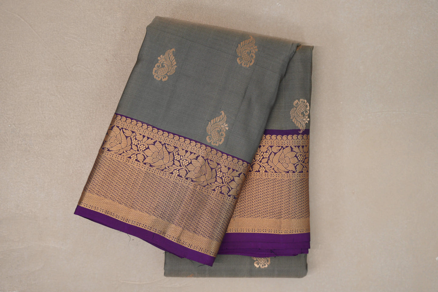 Steel Grey with Deep Purple Borders Light Weight Kanjivaram Silk Saree