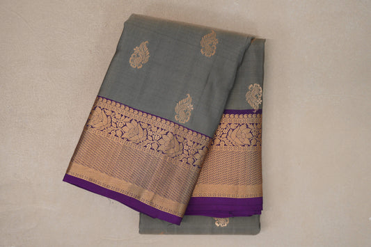 Steel Grey with Deep Purple Borders Light Weight Kanjivaram Silk Saree