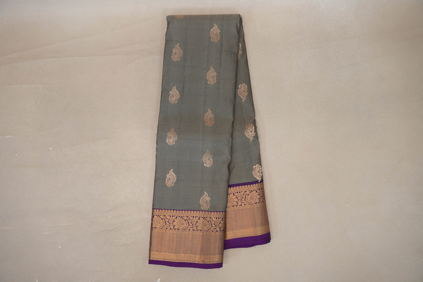 Online Steel Grey with Deep Purple Borders Light Weight Kanjivaram Silk Saree