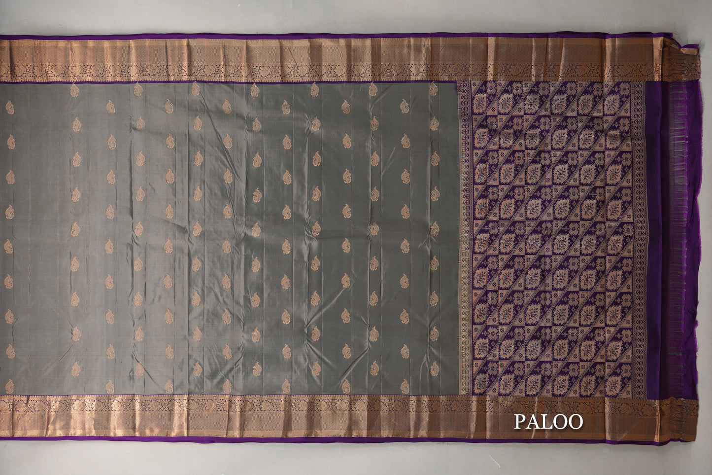 Steel Grey with Deep Purple Borders Light Weight Kanjivaram Silk Saree paloo