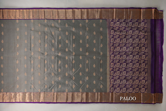 Steel Grey with Deep Purple Borders Light Weight Kanjivaram Silk Saree paloo