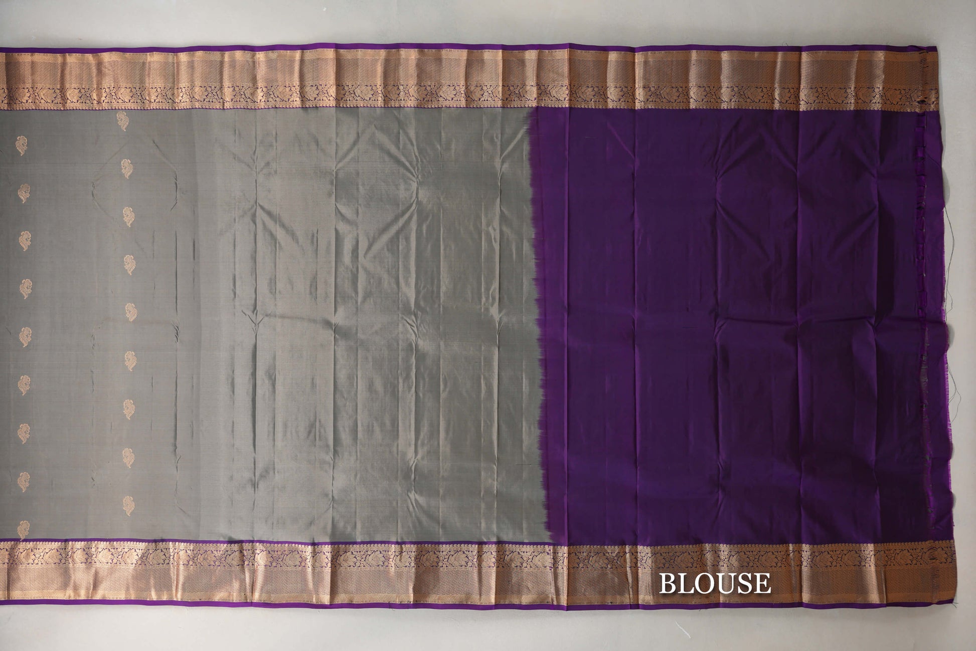 Steel Grey with Deep Purple Borders Light Weight Kanjivaram Silk Saree blouse