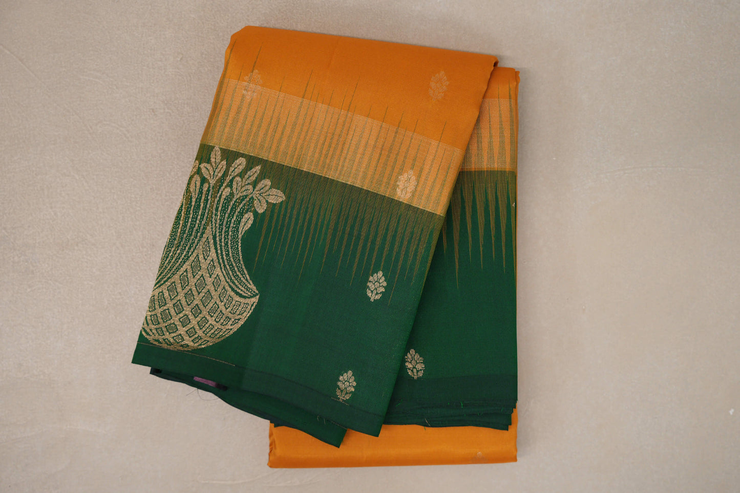 Mango Yellow with Deep Bottle Green Borders Light Weight Kanjivaram Silk Saree