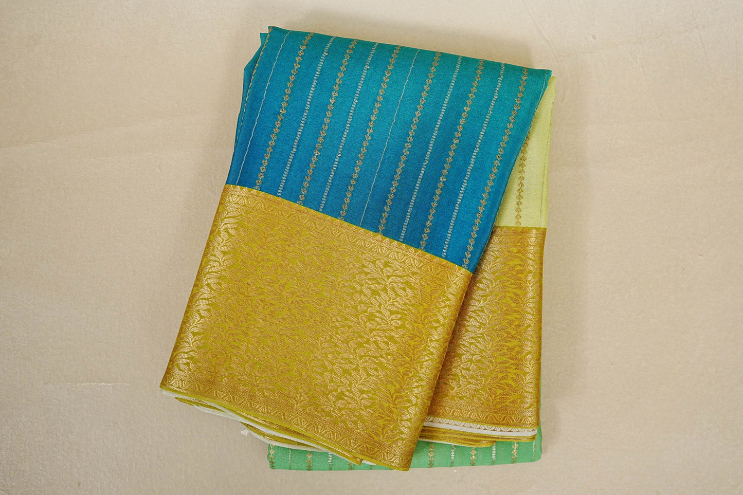 Folded Dual Tone Green and Blue with Yellowish Green Borders Mysore Silk Saree