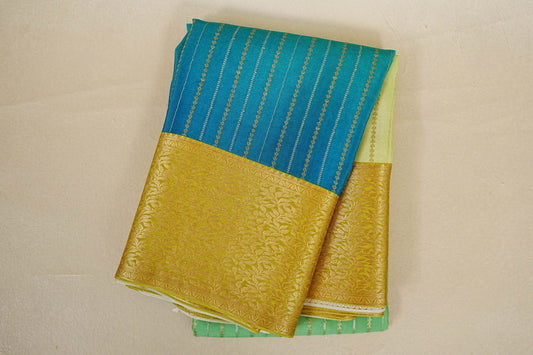 Folded Dual Tone Green and Blue with Yellowish Green Borders Mysore Silk Saree