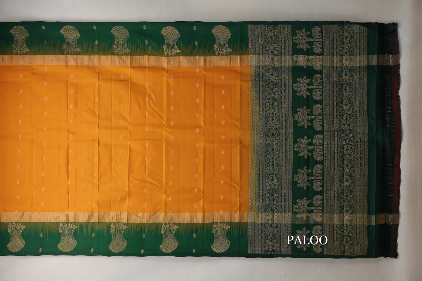 Mango Yellow with Deep Bottle Green Borders Light Weight Kanjivaram Silk Saree paloo