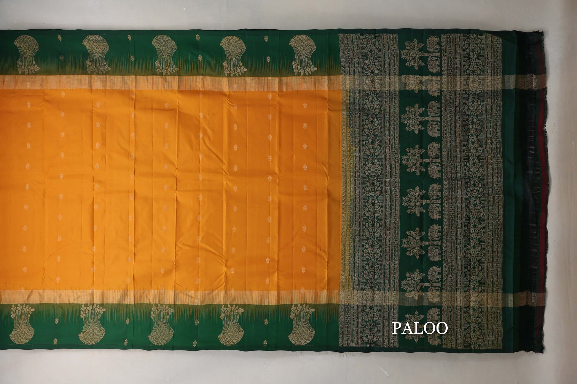 Mango Yellow with Deep Bottle Green Borders Light Weight Kanjivaram Silk Saree paloo