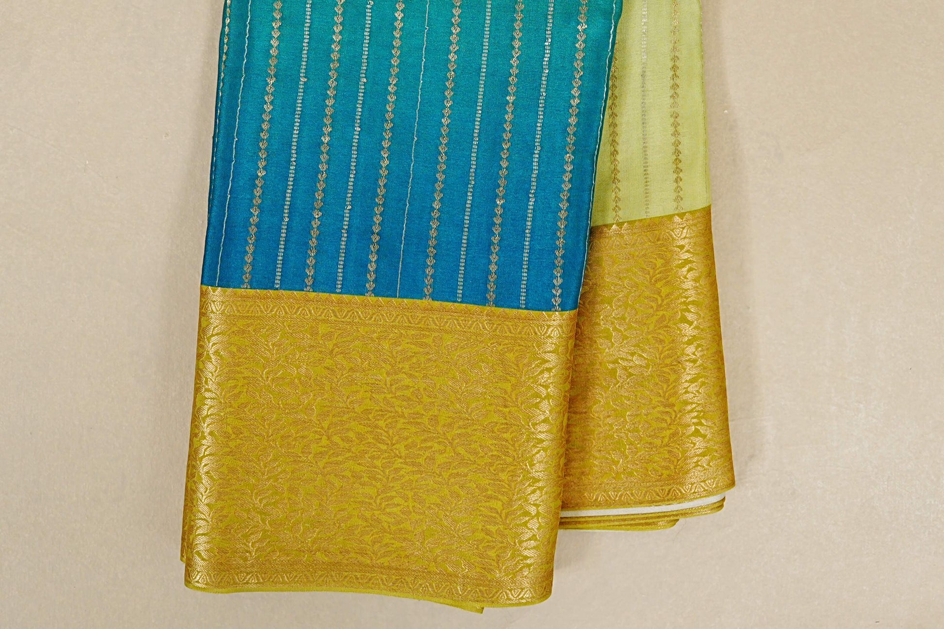 Dual Tone Green and Blue with Yellowish Green Borders Mysore Silk Saree border zoom