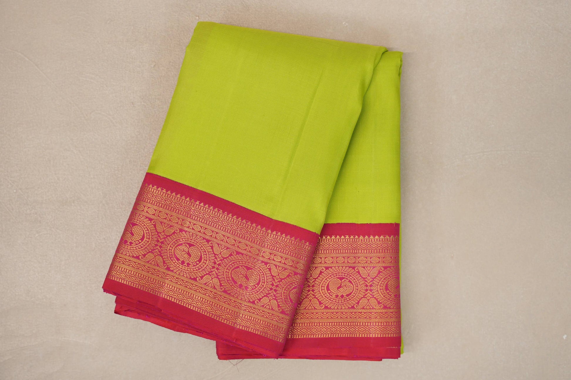 Parrot Green with Rani Pink Borders Vintage Kanjivaram Silk Saree