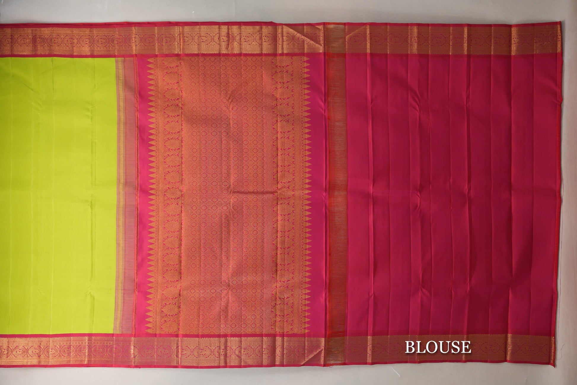 Parrot Green with Rani Pink Borders Vintage Kanjivaram Silk Saree blouse