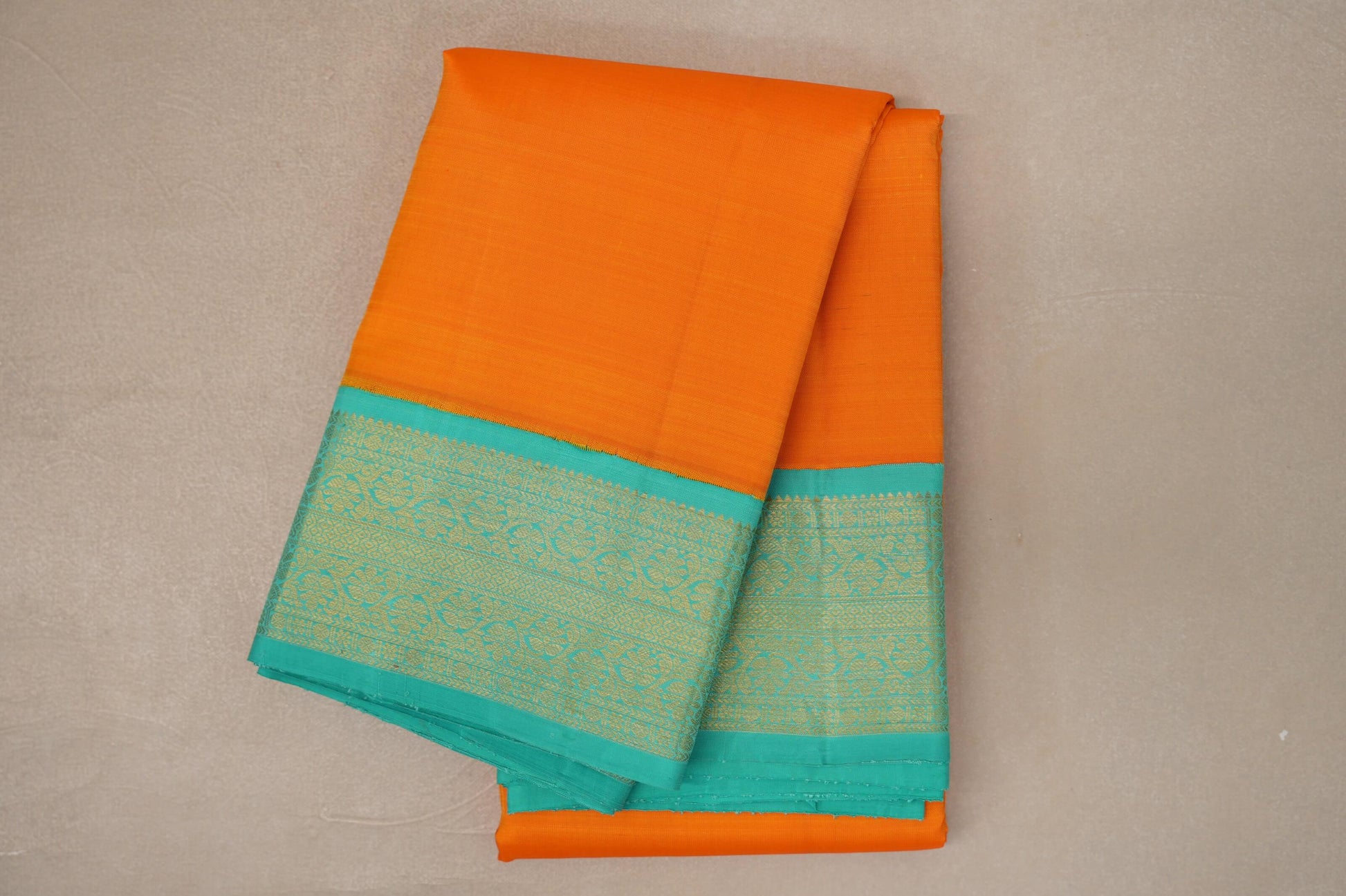 Mango Orange with Aqua Green Borders Vintage Kanjivaram Silk Saree