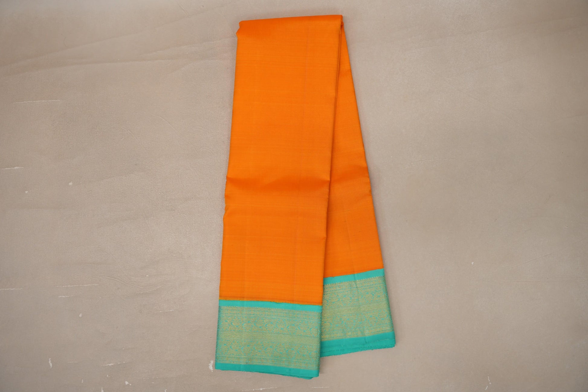 Online Mango Orange with Aqua Green Borders Vintage Kanjivaram Silk Saree