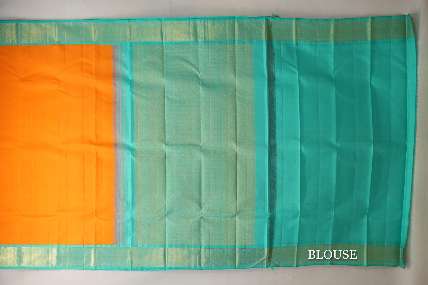 Mango Orange with Aqua Green Borders Vintage Kanjivaram Silk Saree blouse