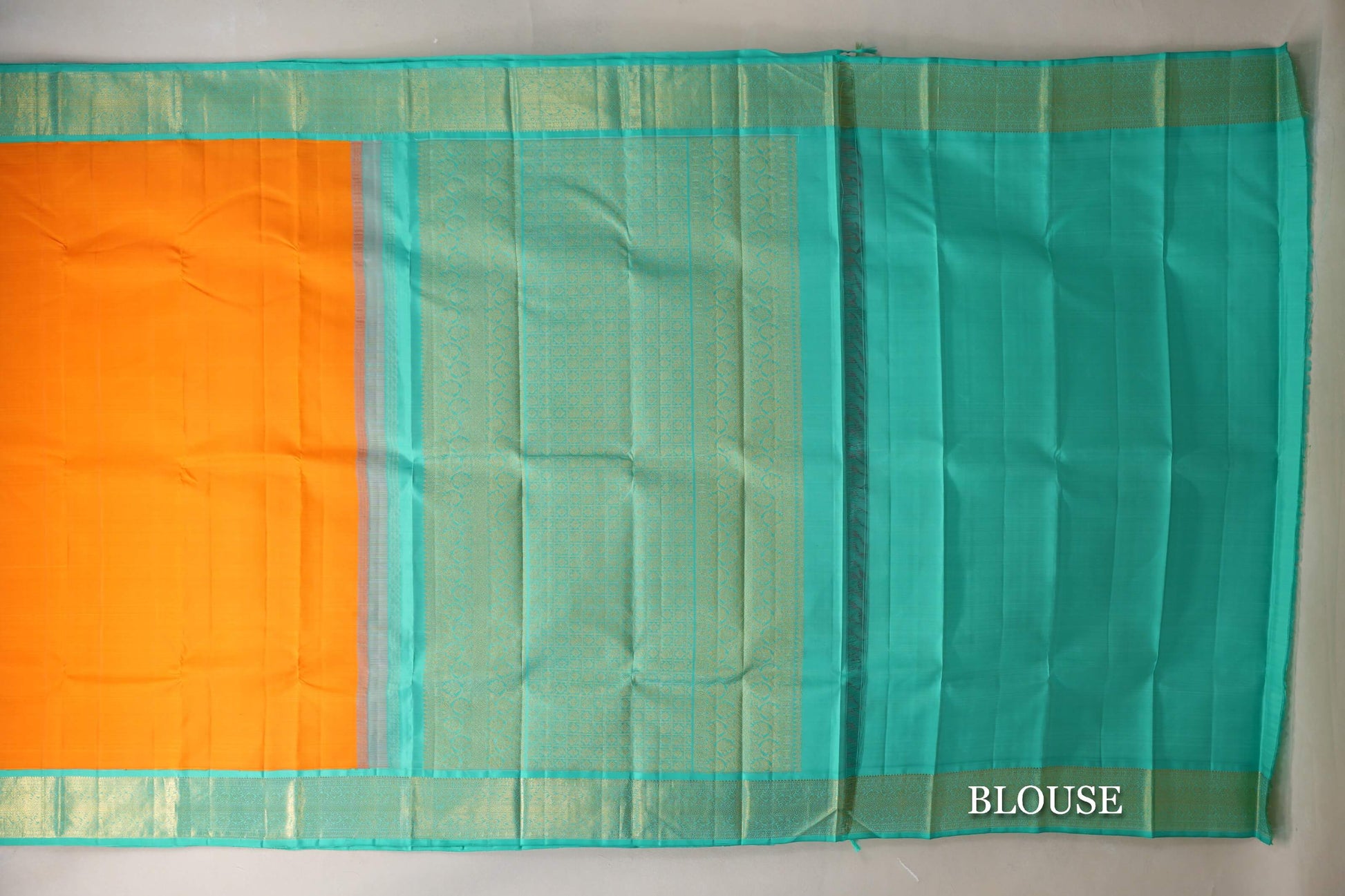 Mango Orange with Aqua Green Borders Vintage Kanjivaram Silk Saree blouse