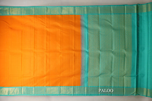 Mango Orange with Aqua Green Borders Vintage Kanjivaram Silk Saree paloo