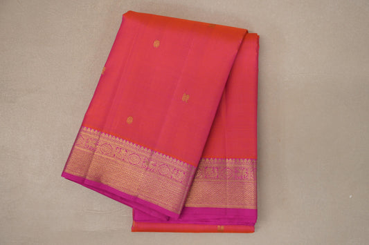 Orangish Pink with Bright Pink Borders Vintage Kanjivaram Silk Saree