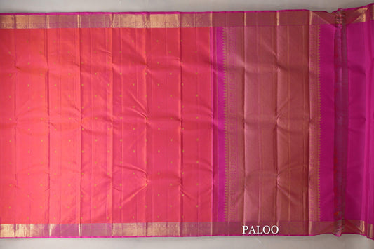 Orangish Pink with Bright Pink Borders Vintage Kanjivaram Silk Saree paloo