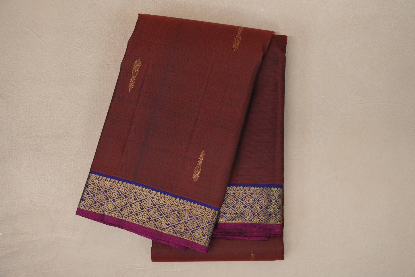 Coffee Bean Brown with Deep Blue with Deep Magenta Selvedge Borders Vintage Kanjivaram Silk Saree
