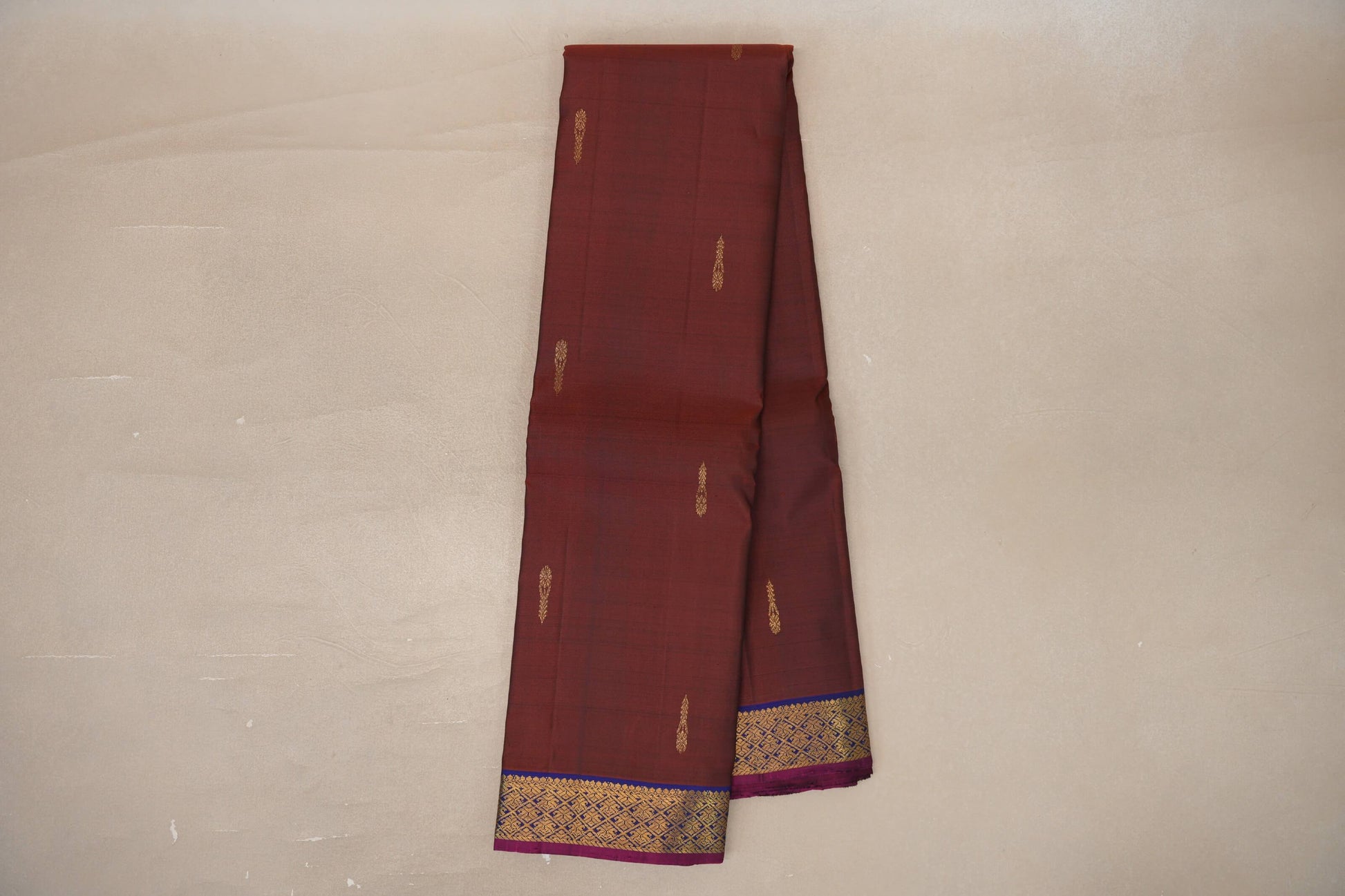 Online Coffee Bean Brown with Deep Blue with Deep Magenta Selvedge Borders Vintage Kanjivaram Silk Saree