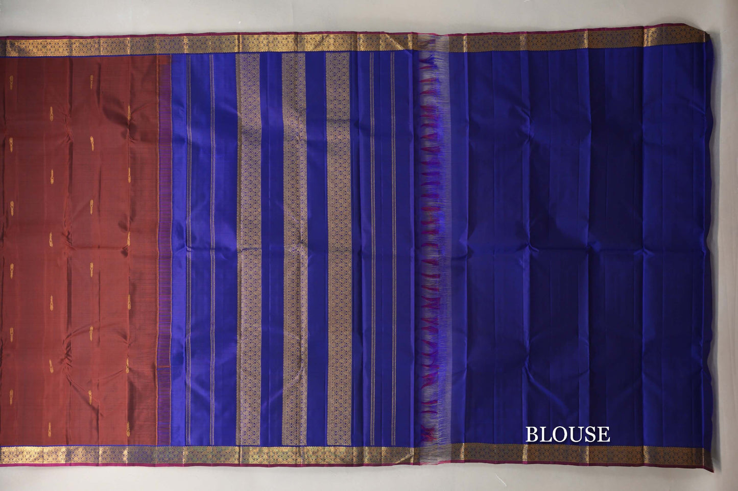Coffee Bean Brown with Deep Blue with Deep Magenta Selvedge Borders Vintage Kanjivaram Silk Saree blouse