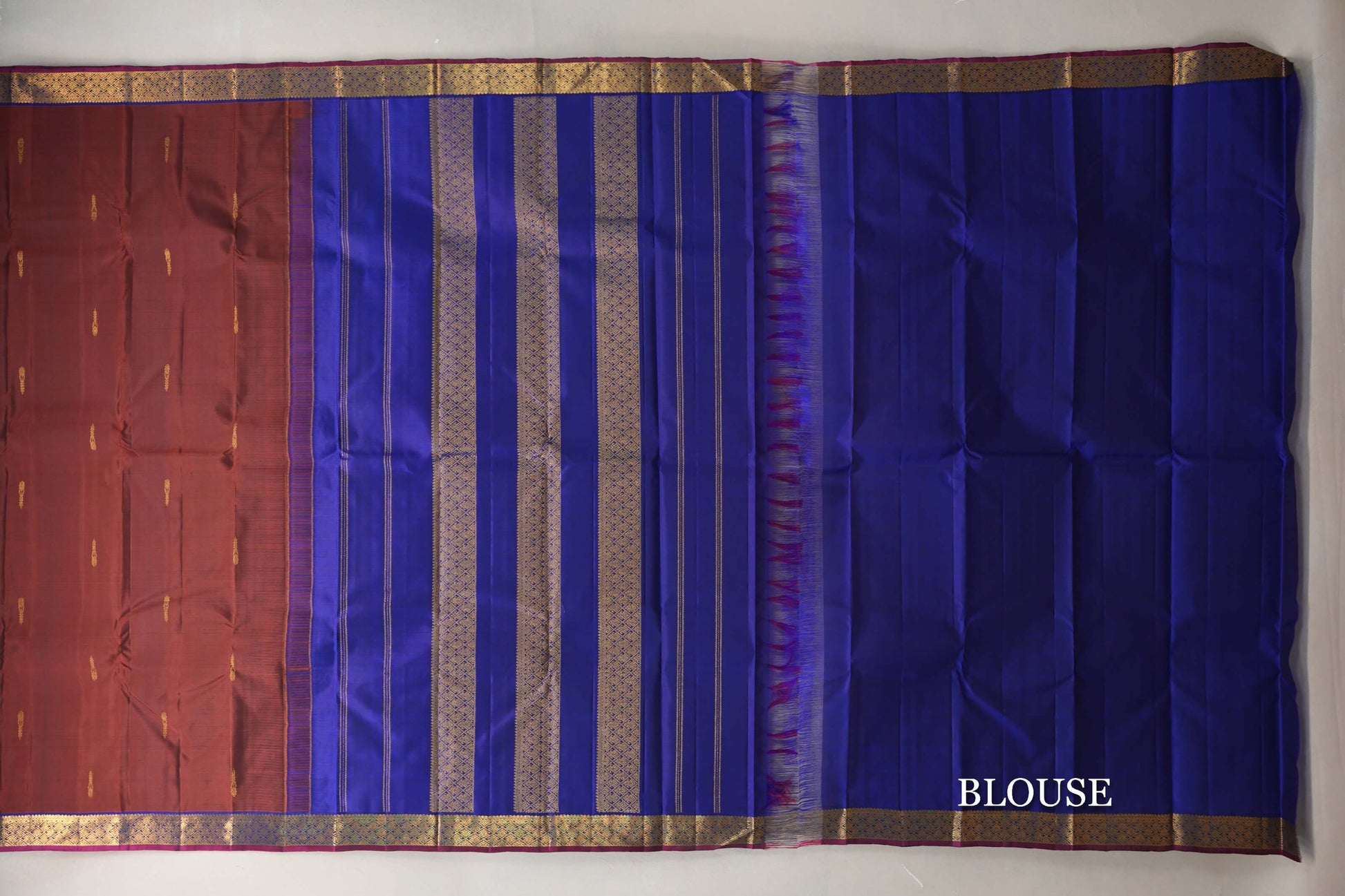 Coffee Bean Brown with Deep Blue with Deep Magenta Selvedge Borders Vintage Kanjivaram Silk Saree blouse