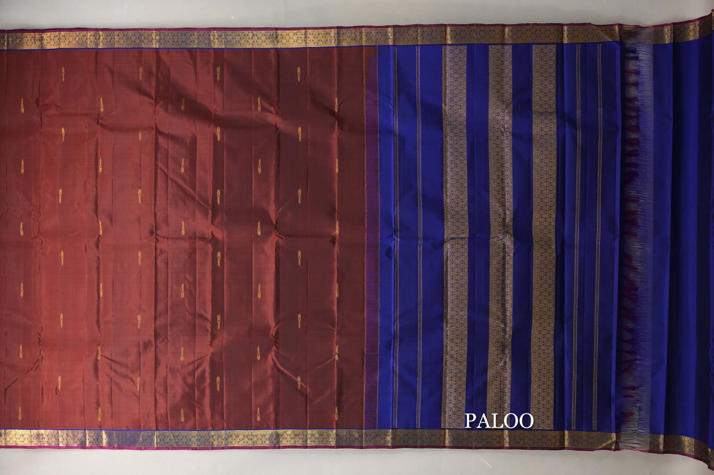 Coffee Bean Brown with Deep Blue with Deep Magenta Selvedge Borders Vintage Kanjivaram Silk Saree paloo