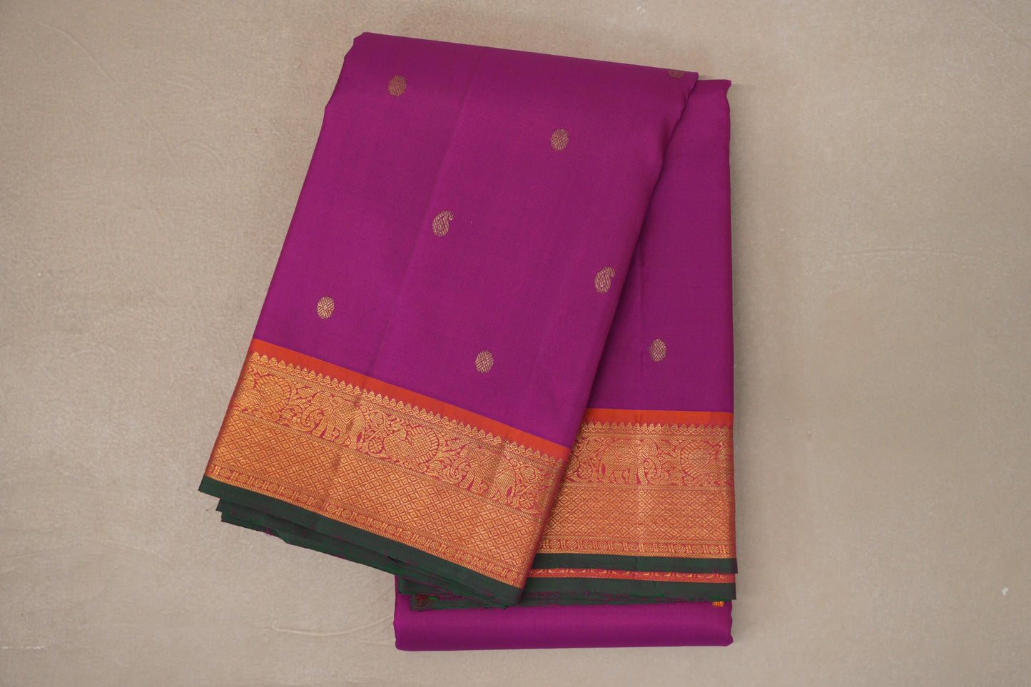 Magenta with Bright Orange with Dark Green Selvedge Borders Vintage Kanjivaram Silk Saree