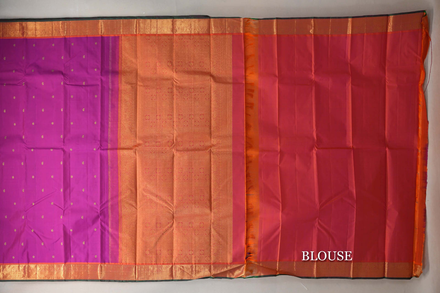 Magenta with Bright Orange with Dark Green Selvedge Borders Vintage Kanjivaram Silk Saree blouse