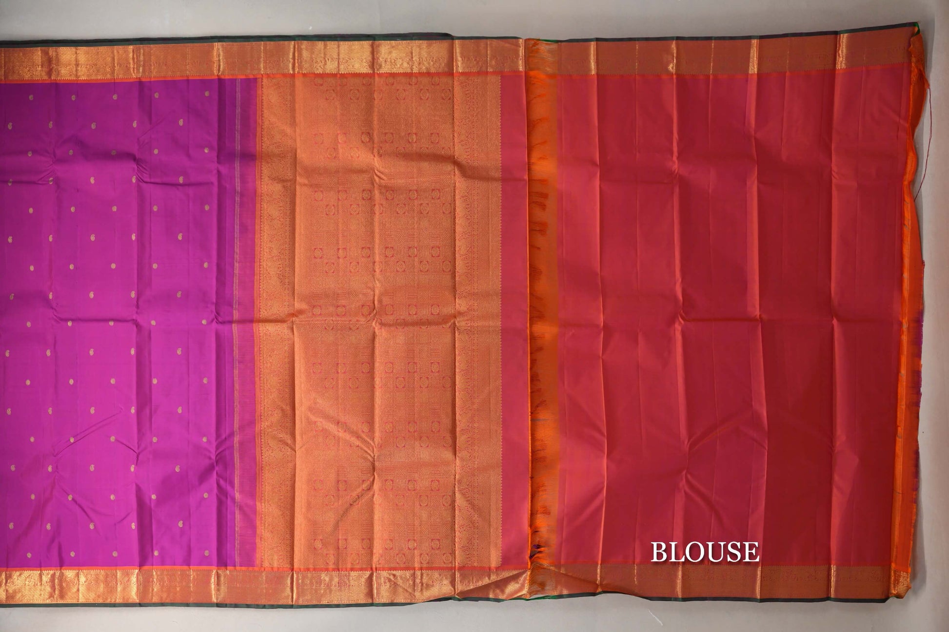 Magenta with Bright Orange with Dark Green Selvedge Borders Vintage Kanjivaram Silk Saree blouse