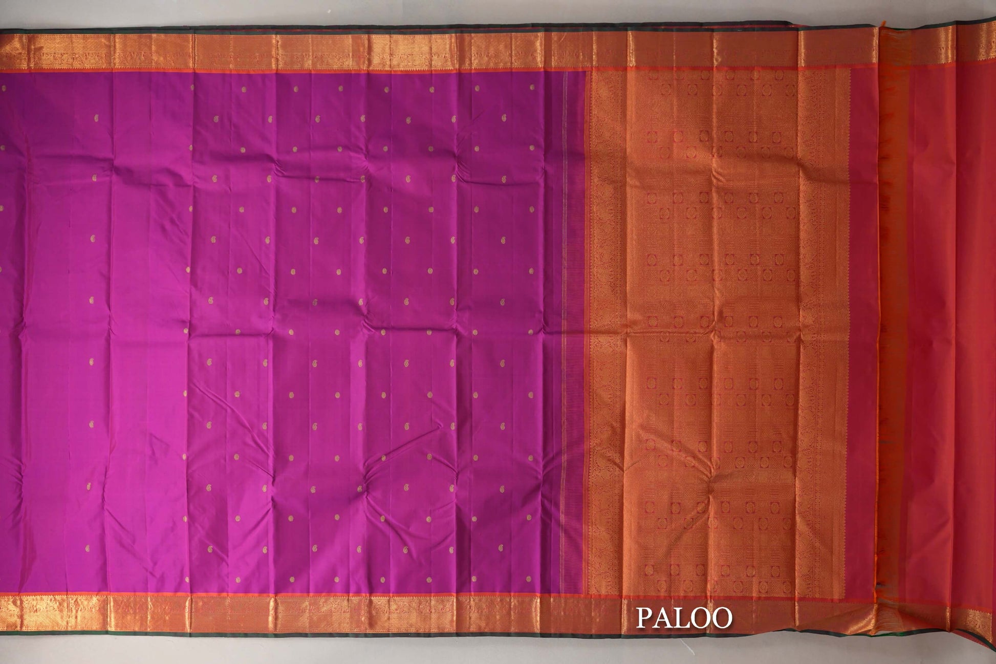 Magenta with Bright Orange with Dark Green Selvedge Borders Vintage Kanjivaram Silk Saree paloo