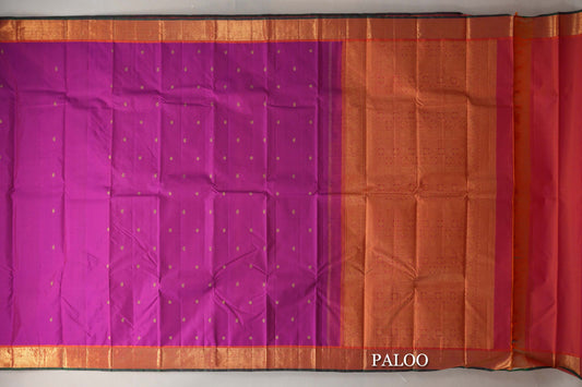 Magenta with Bright Orange with Dark Green Selvedge Borders Vintage Kanjivaram Silk Saree paloo