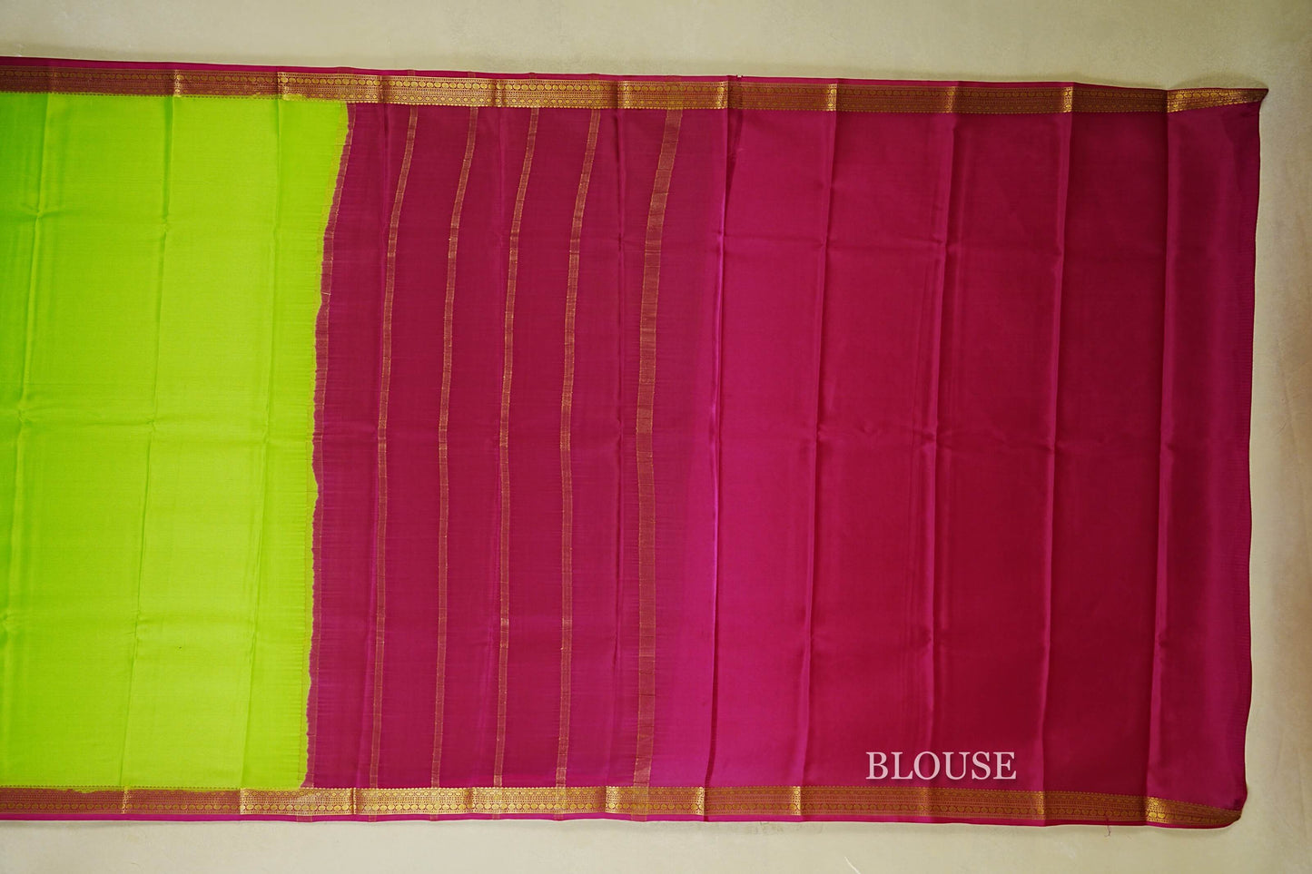 Parrot Green with rani pink borders Mysore Silk Saree blouse