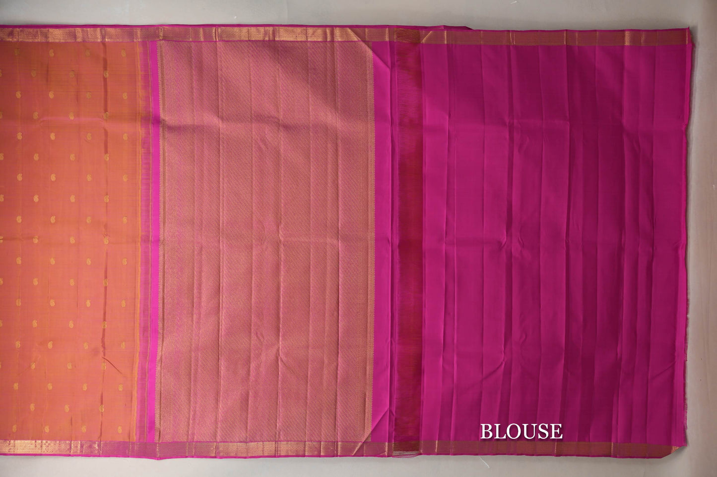 Dual Tone of Yellow & Pink with Bright Pink Borders Vintage Kanjivaram Silk Saree blouse